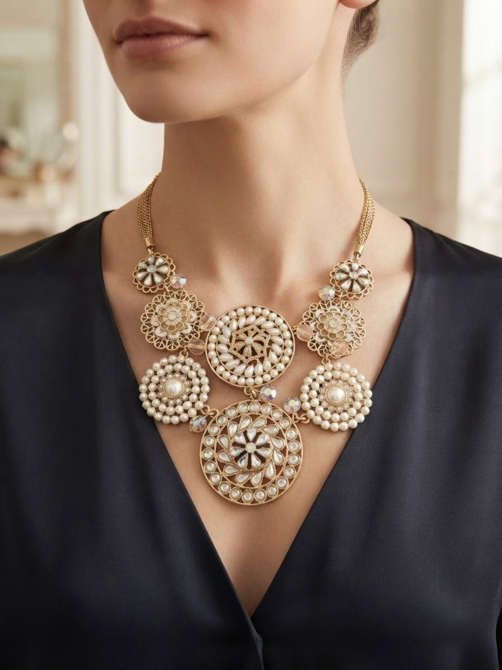 Plunder Gold and Pearl Medallion Statement Necklace
